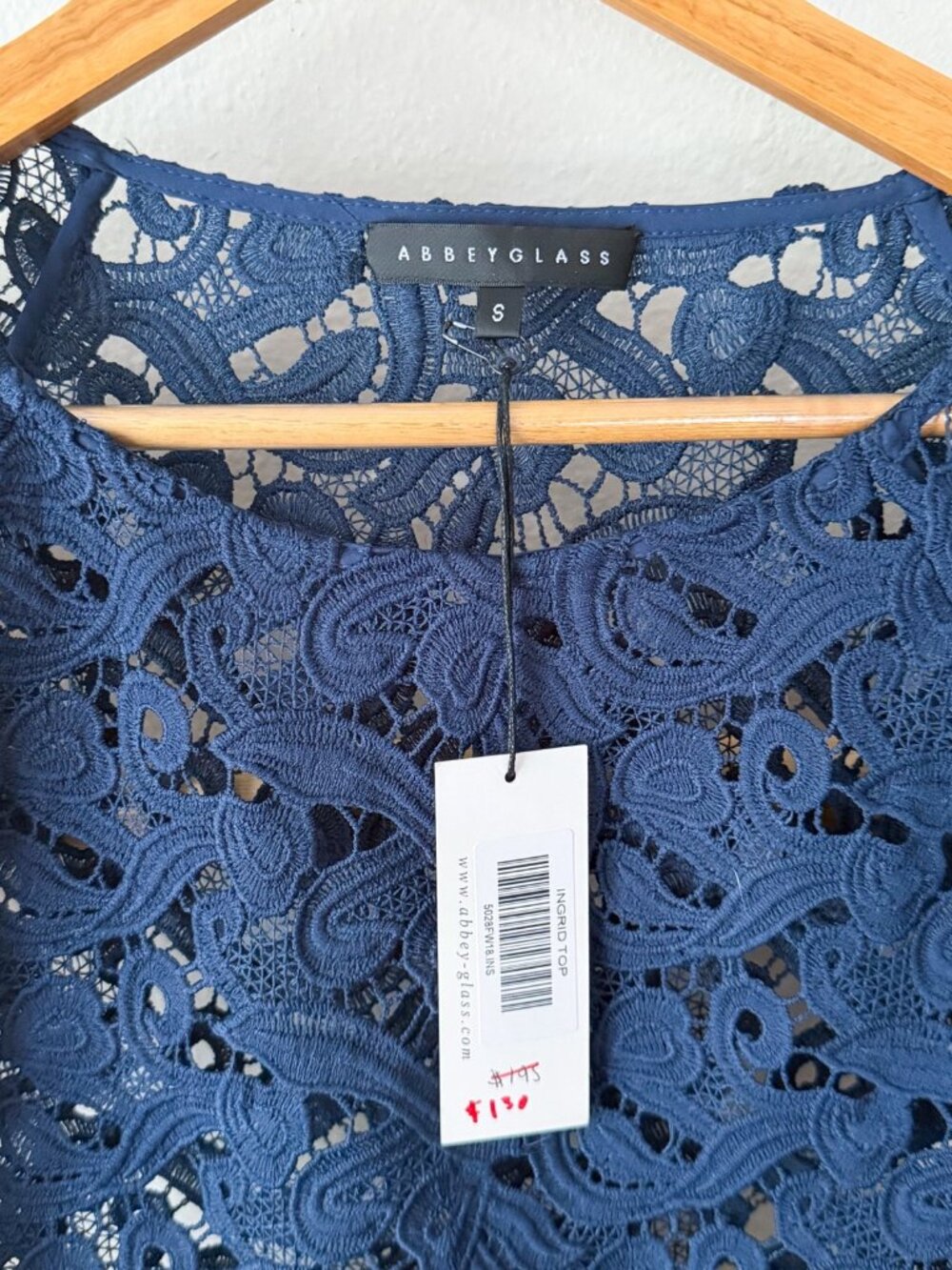 NWT Abbey Glass Navy Lace Peplum Blouse Crochet Overlay Short Sleeve Top S - Picture 3 of 6